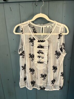 Daniel Rainn White Sheer Sleeveless Camisole with Black Floral Embroidery | L